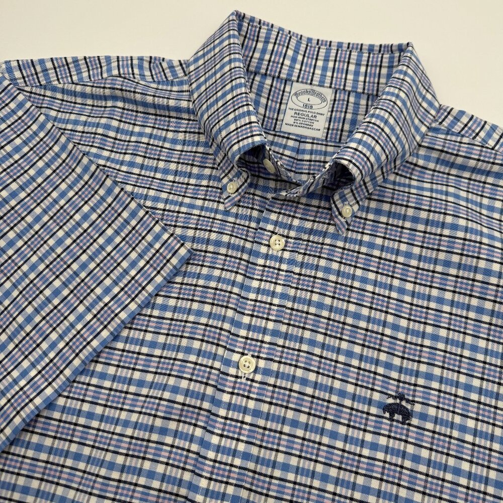 Brooks Brothers Shirt Men’s L Blue Plaid Logo Short Sleeve Button Down Cotton